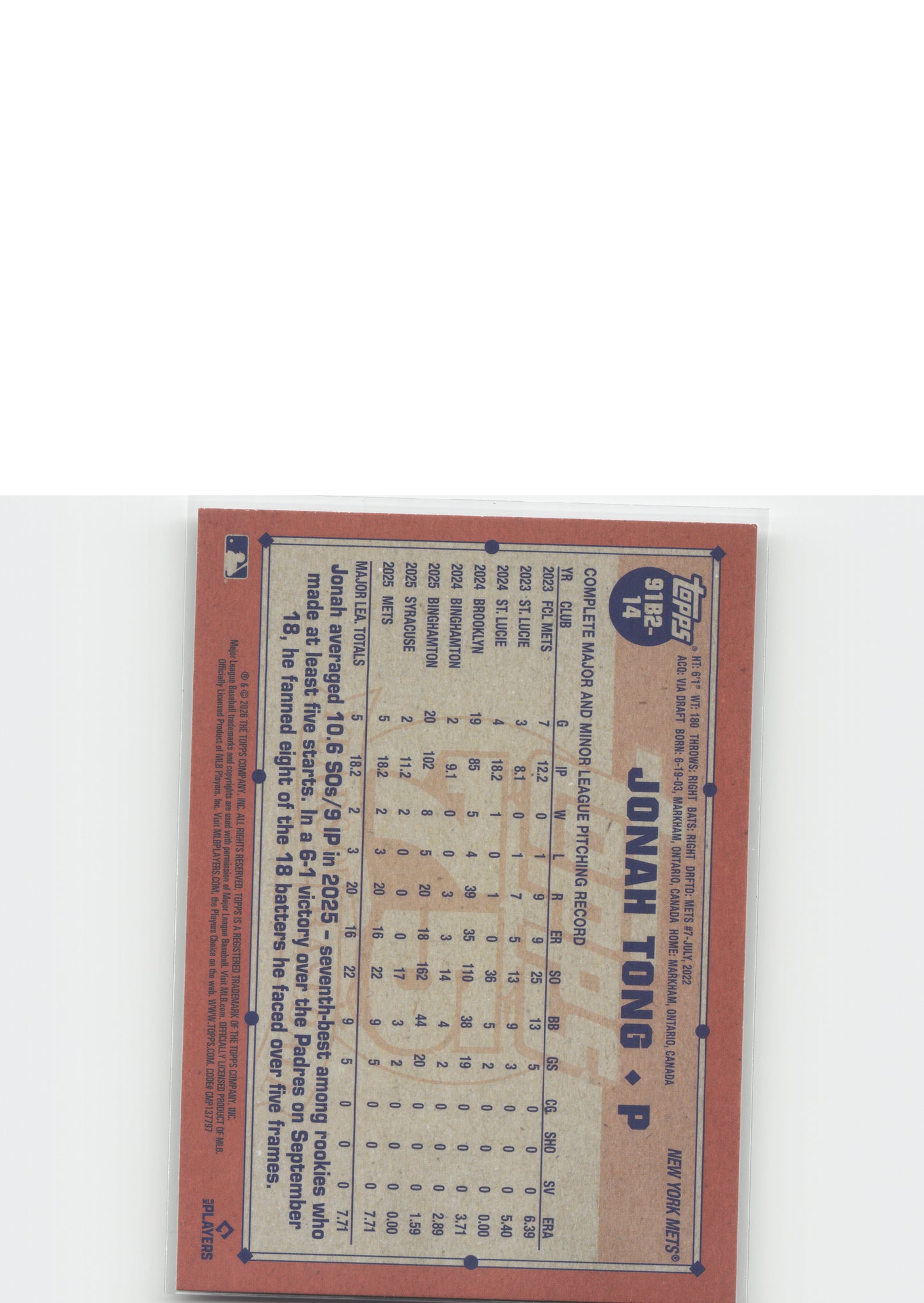 2026 Topps #91B2-14 Jonah Tong 1991 Topps Baseball 35th Anniversary (Series Two)