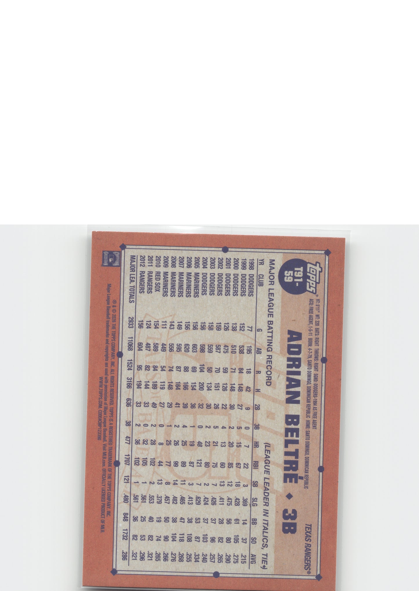 2026 Topps #T91-59 Adrian Beltré 1991 Baseball 35th Anniversary (Series One)