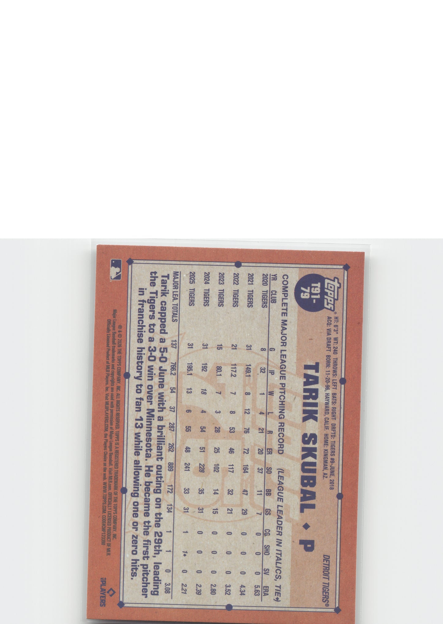 2026 Topps #T91-79 Tarik Skubal 1991 Baseball 35th Anniversary (Series One)
