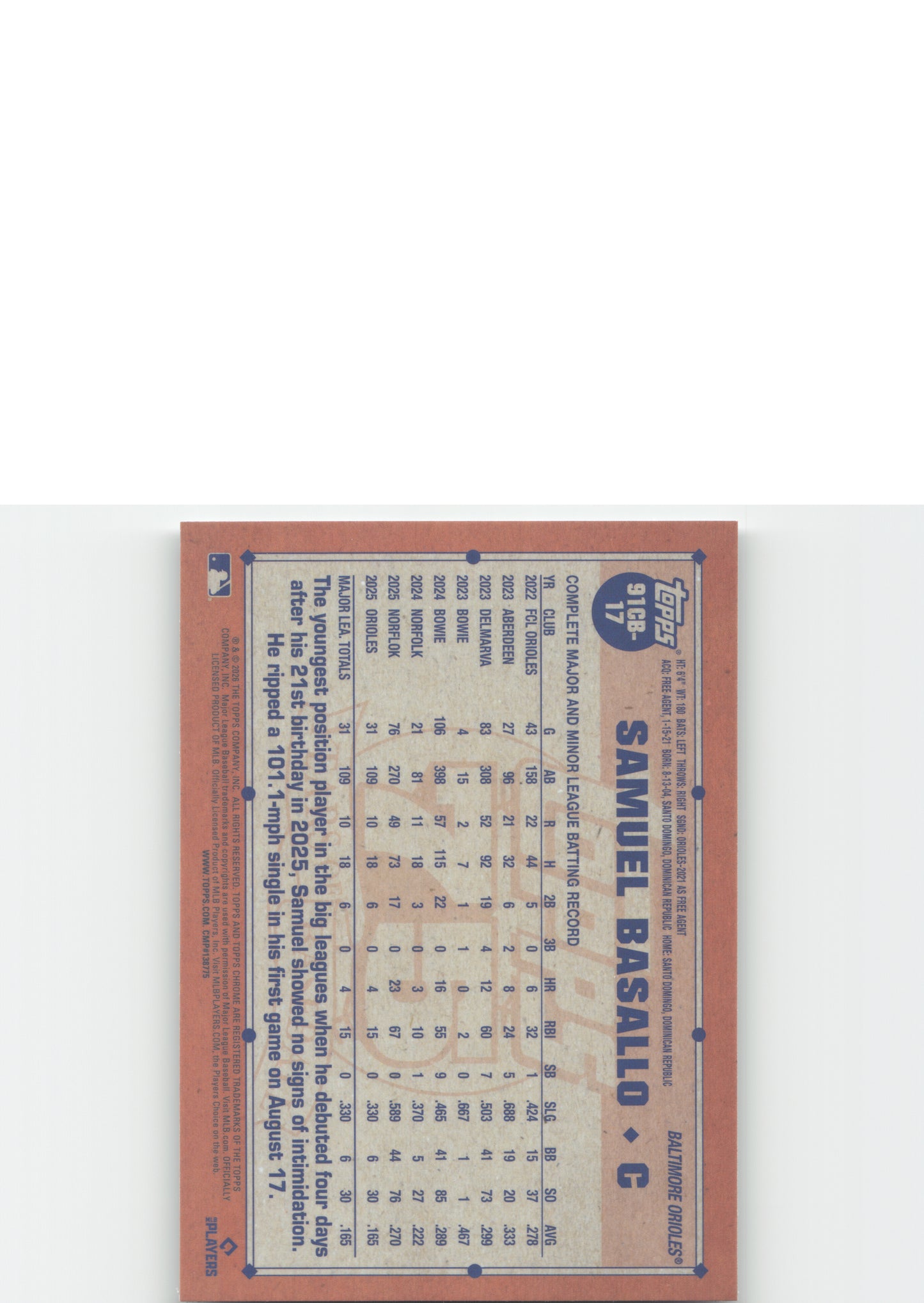 2026 Topps Chrome #91CB-17 Samuel Basallo 1991 Topps Chrome Baseball