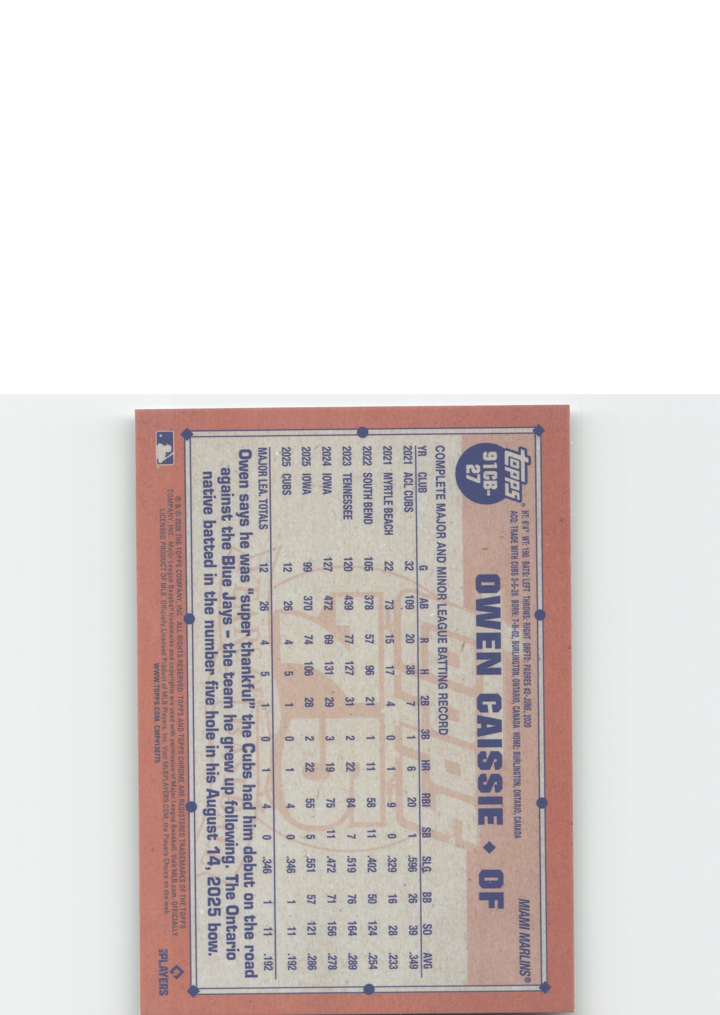 2026 Topps Chrome #91CB-27 Owen Caissie 1991 Topps Chrome Baseball
