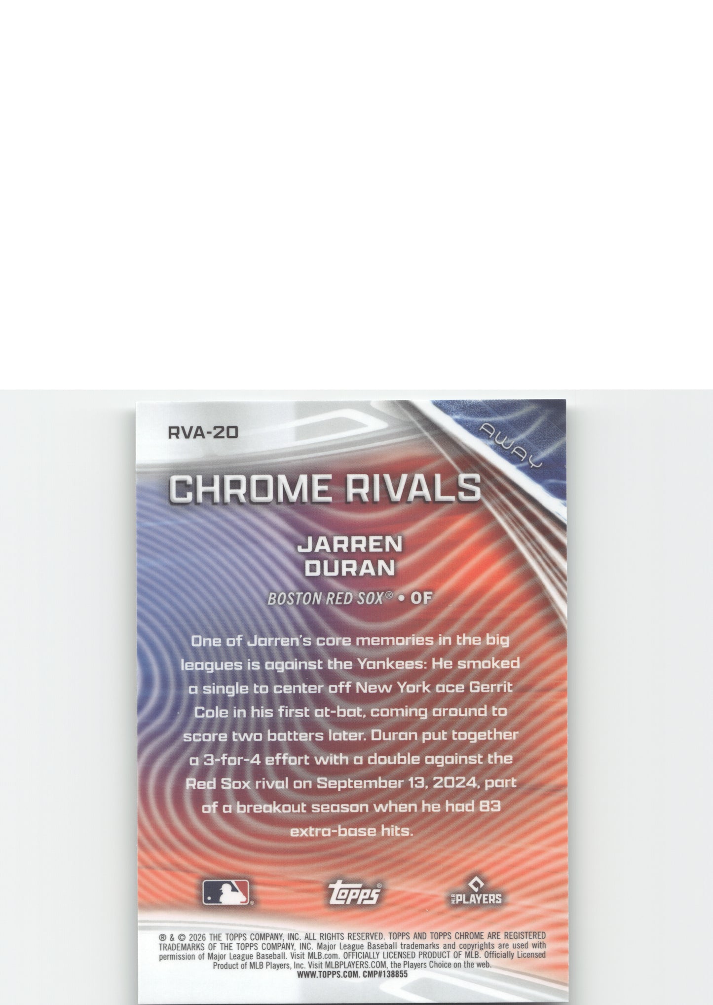 2026 Topps Chrome #RVA-20 Jarren Duran Chrome Rivals Away